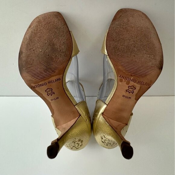 ANTONIO MELANI Wmn Strappy 3" Heel‎ Sandals 8.5M Gold Cutout Leather Glam Fairy - Picture 8 of 15